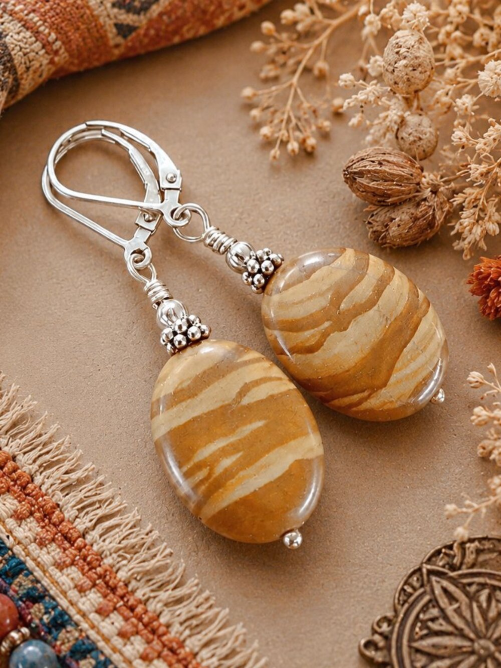 Hickory Jasper Earrings, Leverback Earwires Sterling Silver